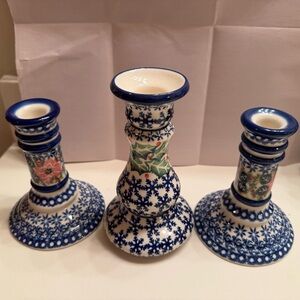 Christmas Polish pottery Blue and White Candle Holder set